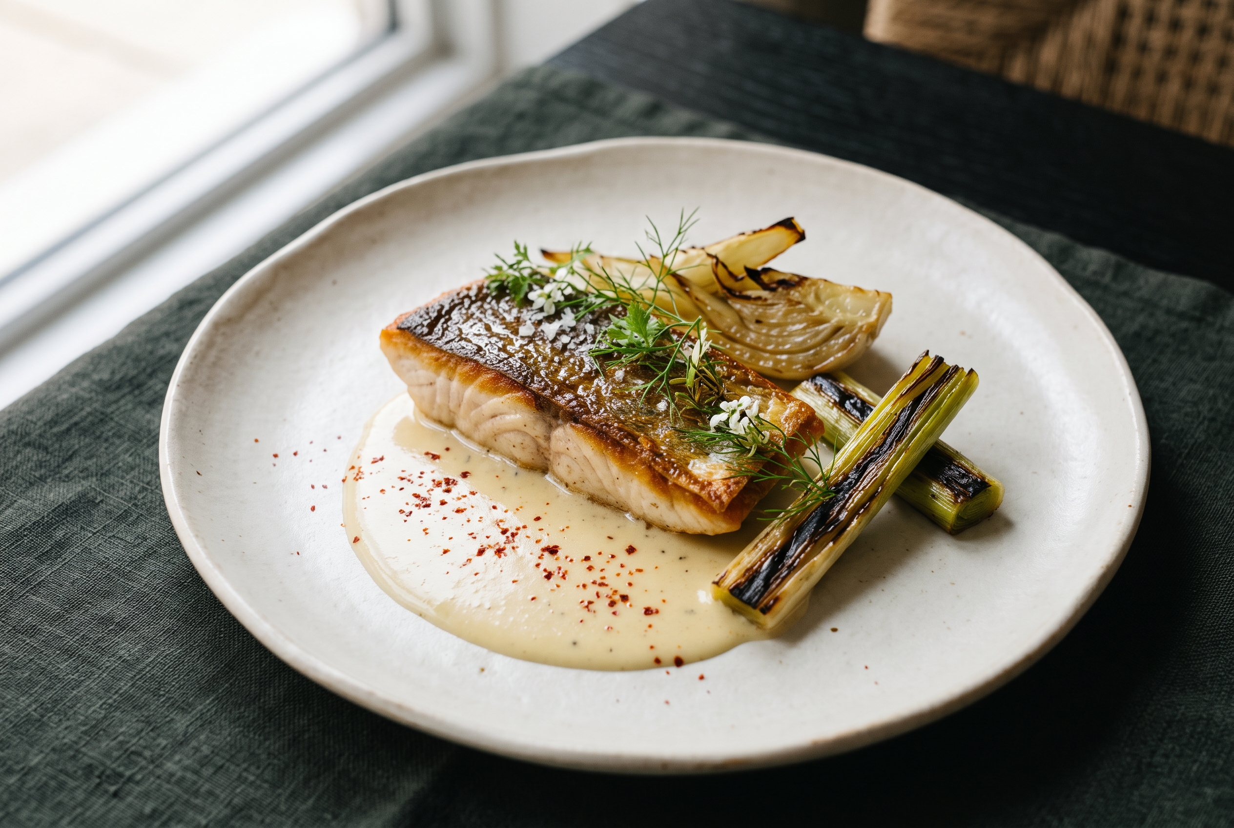 Pan-seared sea bass with preserved lemon beurre blanc, braised fennel and charred leek